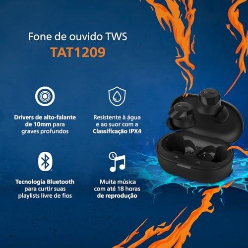 Fone de ouvido sem fio TWS Philips TAT1209BK/00 na cor preto, com bluetooth, microfone, tecnologia IPX4 e 18 horas de reprodução. Fone de ouvido sem fio TWS Philips TAT1209BK/00 na cor preto, com bluetooth, microfone, tecnologia IPX4 e 18 horas de reprodução.