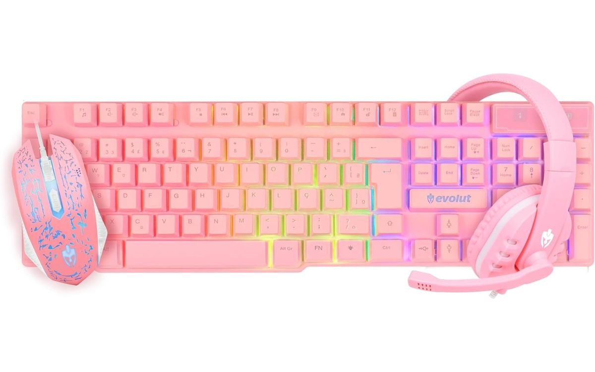 COMBO GAMER ROSA (TECLADO+MOUSE+FONE) EG53 - EVOLUT 1 COMBO GAMER ROSA
