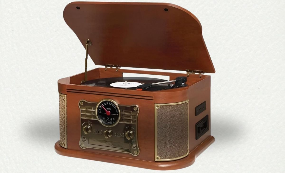 Raveo Vitrola Spazio com Toca-discos de 3 velocidades, Rádio FM, CD e Cassete players, USB e SD 1 Raveo Vitrola Spazio com Toca-discos de 3 velocidades