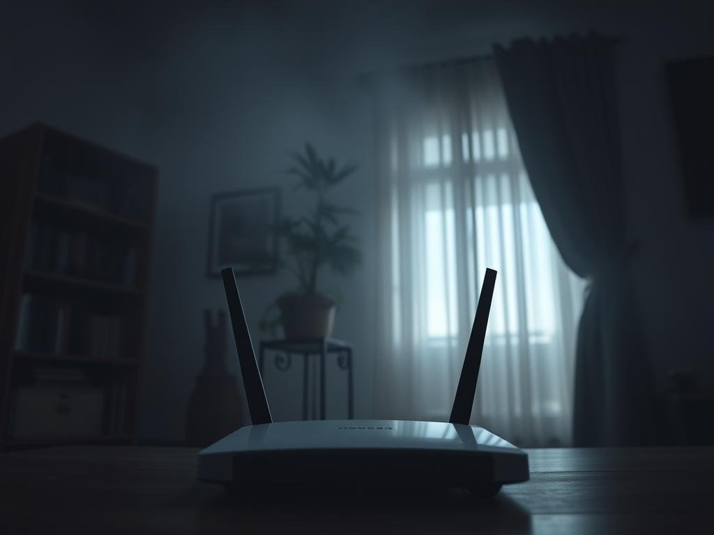 A dimly lit room with a wireless router placed prominently in the foreground, emitting a soft, radiant glow. The router's antennas are slightly obscured by a few large, bulky objects - a bookshelf, a potted plant, and a heavy curtain - suggesting obstacles that could interfere with the Wi-Fi signal. The background is hazy, with a sense of uncertainty and frustration, as if the viewer is struggling to maintain a stable connection. The lighting is moody, with shadows and highlights that accentuate the router's form and the obstructing elements. The overall composition conveys the challenges of maintaining a reliable Wi-Fi signal in a home environment. A dimly lit room with a wireless router placed prominently in the foreground, emitting a soft, radiant glow. The router's antennas are slightly obscured by a few large, bulky objects - a bookshelf, a potted plant, and a heavy curtain - suggesting obstacles that could interfere with the Wi-Fi signal. The background is hazy, with a sense of uncertainty and frustration, as if the viewer is struggling to maintain a stable connection. The lighting is moody, with shadows and highlights that accentuate the router's form and the obstructing elements. The overall composition conveys the challenges of maintaining a reliable Wi-Fi signal in a home environment.