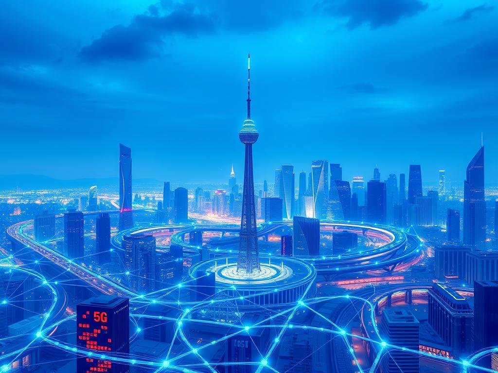 A futuristic cityscape bathed in a vibrant azure glow, symbolizing the transformative power of 5G technology. In the foreground, an intricate network of sleek, interconnected devices communicates seamlessly, hinting at the boundless possibilities of the connected world. The middle ground features a towering 5G cell tower, its elegant design a testament to the elegance of modern infrastructure. In the distance, a skyline of gleaming skyscrapers and advanced transportation systems suggests a future where technology and urbanism seamlessly converge. The scene exudes a sense of dynamism and innovation, capturing the spirit of a world empowered by the lightning-fast speeds and low latency of 5G. A futuristic cityscape bathed in a vibrant azure glow, symbolizing the transformative power of 5G technology. In the foreground, an intricate network of sleek, interconnected devices communicates seamlessly, hinting at the boundless possibilities of the connected world. The middle ground features a towering 5G cell tower, its elegant design a testament to the elegance of modern infrastructure. In the distance, a skyline of gleaming skyscrapers and advanced transportation systems suggests a future where technology and urbanism seamlessly converge. The scene exudes a sense of dynamism and innovation, capturing the spirit of a world empowered by the lightning-fast speeds and low latency of 5G.