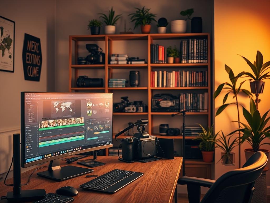 A professional video editor's workspace, bathed in warm, directional lighting. In the foreground, a high-end desktop computer with a large, color-calibrated monitor displays video editing software, various tools, and a timeline. On the desk, a professional-grade stylus and graphics tablet are within reach. In the middle ground, shelves hold an assortment of cameras, lenses, and video production equipment. The background features a bookshelf filled with video editing and post-production references, complemented by potted plants and minimal decor, creating a focused, organized, and inspiring environment for creative video work. A professional video editor's workspace, bathed in warm, directional lighting. In the foreground, a high-end desktop computer with a large, color-calibrated monitor displays video editing software, various tools, and a timeline. On the desk, a professional-grade stylus and graphics tablet are within reach. In the middle ground, shelves hold an assortment of cameras, lenses, and video production equipment. The background features a bookshelf filled with video editing and post-production references, complemented by potted plants and minimal decor, creating a focused, organized, and inspiring environment for creative video work.