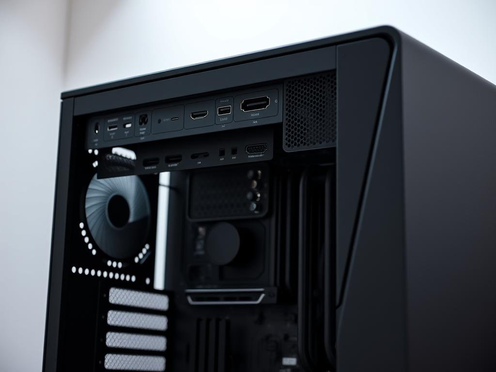 A sleek and modern gaming PC cabinet, showcasing its impressive array of connectivity options. The foreground features an array of ports and sockets, including USB-A, USB-C, HDMI, and audio jacks, all neatly arranged and easily accessible. The cabinet's design is minimalist and angular, with a matte black finish that exudes a high-tech and sophisticated aesthetic. The middle ground showcases the cabinet's well-ventilated mesh panel, allowing for efficient cooling of the internal components. The background subtly blends in with a soft, diffused lighting, creating a sense of depth and highlighting the cabinet's clean lines and modern styling. The overall scene conveys a sense of functionality, convenience, and the seamless integration of technology into a user's daily gaming setup. A sleek and modern gaming PC cabinet, showcasing its impressive array of connectivity options. The foreground features an array of ports and sockets, including USB-A, USB-C, HDMI, and audio jacks, all neatly arranged and easily accessible. The cabinet's design is minimalist and angular, with a matte black finish that exudes a high-tech and sophisticated aesthetic. The middle ground showcases the cabinet's well-ventilated mesh panel, allowing for efficient cooling of the internal components. The background subtly blends in with a soft, diffused lighting, creating a sense of depth and highlighting the cabinet's clean lines and modern styling. The overall scene conveys a sense of functionality, convenience, and the seamless integration of technology into a user's daily gaming setup.