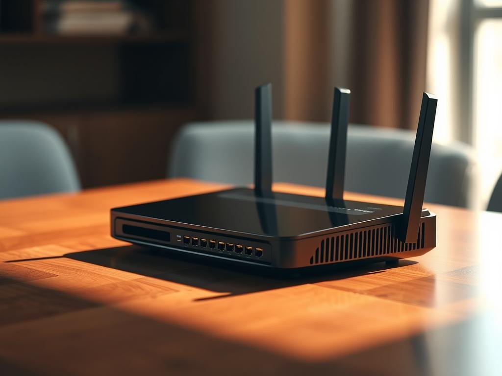 A strategically positioned router, its sleek black form resting atop a polished wooden surface. The device is bathed in warm, directional lighting, casting subtle shadows that accentuate its clean, modern design. The background is slightly blurred, keeping the focus on the router's intricate details - the array of status lights, the carefully placed ports and antennas, all working together to create a visually striking and technically capable piece of networking hardware. The overall mood is one of sophistication and technological prowess, setting the stage for a thorough discussion of optimal router placement and Wi-Fi signal improvement. A strategically positioned router, its sleek black form resting atop a polished wooden surface. The device is bathed in warm, directional lighting, casting subtle shadows that accentuate its clean, modern design. The background is slightly blurred, keeping the focus on the router's intricate details - the array of status lights, the carefully placed ports and antennas, all working together to create a visually striking and technically capable piece of networking hardware. The overall mood is one of sophistication and technological prowess, setting the stage for a thorough discussion of optimal router placement and Wi-Fi signal improvement.