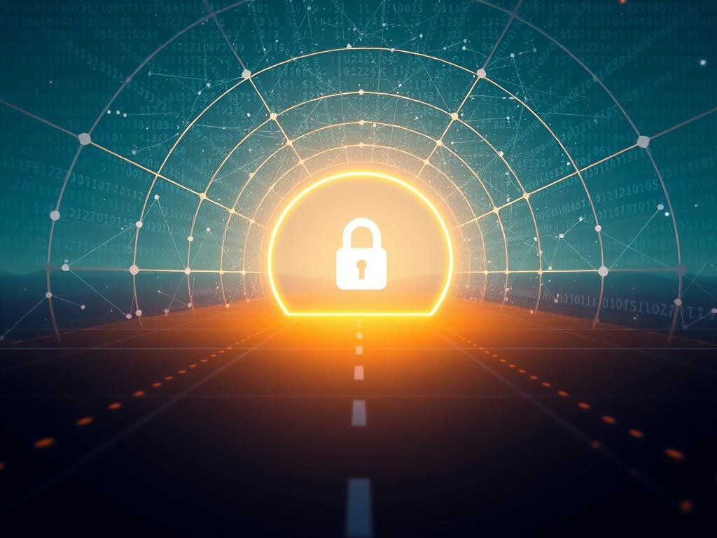 A tranquil VPN connection, represented by a secure network tunnel glowing with a soft, ambient light. In the foreground, a padlock icon symbolizes the privacy and encryption, while in the middle ground, data packets flow seamlessly through the tunnel. The background depicts a serene, digital landscape with binary code patterns and minimalist geometric shapes, conveying a sense of technological sophistication. The overall scene is bathed in a calming color palette, evoking the peace of mind and security provided by a reliable VPN service. A tranquil VPN connection, represented by a secure network tunnel glowing with a soft, ambient light. In the foreground, a padlock icon symbolizes the privacy and encryption, while in the middle ground, data packets flow seamlessly through the tunnel. The background depicts a serene, digital landscape with binary code patterns and minimalist geometric shapes, conveying a sense of technological sophistication. The overall scene is bathed in a calming color palette, evoking the peace of mind and security provided by a reliable VPN service.