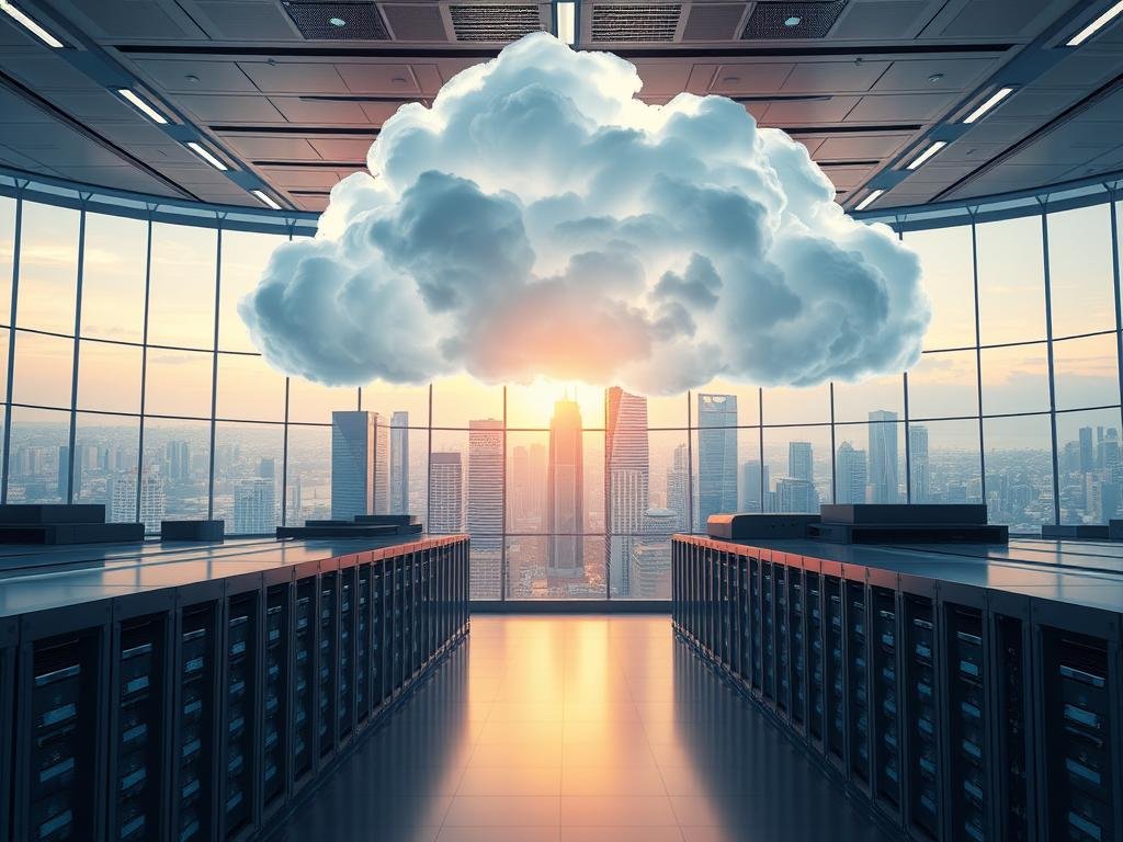 A vibrant, futuristic rendering of a public cloud infrastructure. In the foreground, an array of sleek, interconnected server racks reside in a spacious, well-lit data center. Towering behind them, a massive three-dimensional cloud formation swirls with dynamic energy, its edges glowing with a soft, ethereal light. The background is dominated by a vast, panoramic window overlooking a modern, technologically-advanced cityscape, bathed in a warm, golden sunset glow. The overall scene conveys a sense of scale, power, and the seamless integration of physical and digital realms, reflecting the core concepts of the "Modelos de Cloud Computing" section. A vibrant, futuristic rendering of a public cloud infrastructure. In the foreground, an array of sleek, interconnected server racks reside in a spacious, well-lit data center. Towering behind them, a massive three-dimensional cloud formation swirls with dynamic energy, its edges glowing with a soft, ethereal light. The background is dominated by a vast, panoramic window overlooking a modern, technologically-advanced cityscape, bathed in a warm, golden sunset glow. The overall scene conveys a sense of scale, power, and the seamless integration of physical and digital realms, reflecting the core concepts of the "Modelos de Cloud Computing" section.