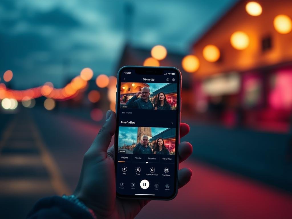 Gere uma imagem do aplicativo Filmora Go em uso, destacando suas funcionalidades. Gere uma imagem do aplicativo Filmora Go em uso, destacando suas funcionalidades.