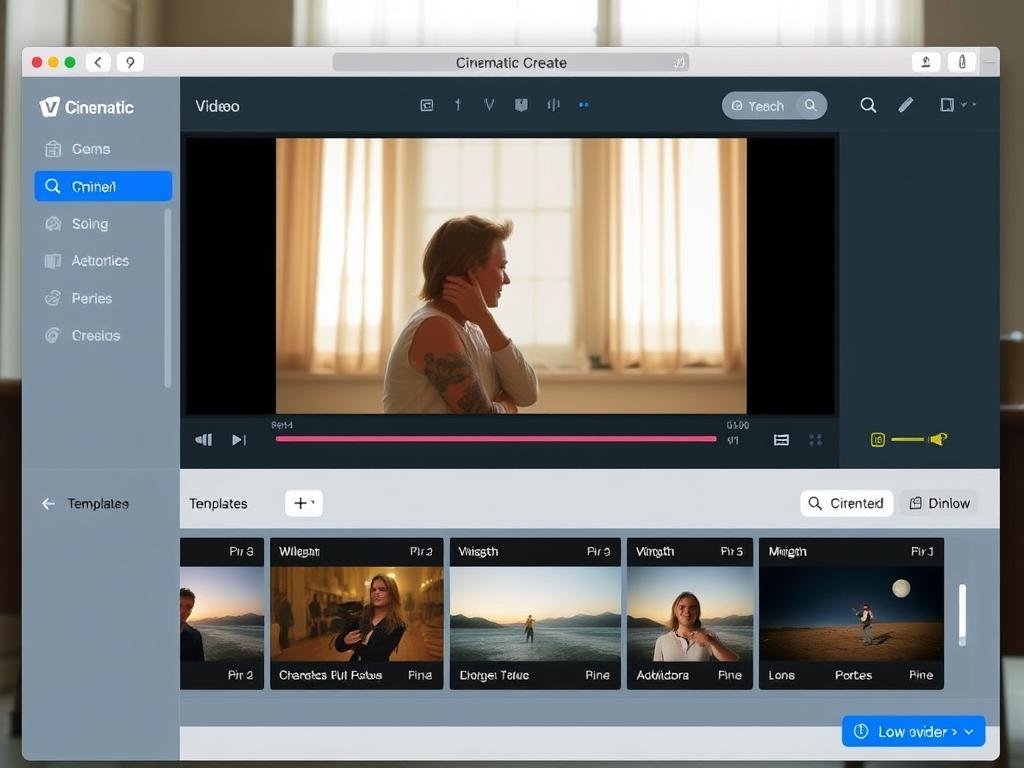 Gere uma imagem do aplicativo Vimeo Create em uso, mostrando um usuário criando um vídeo com templates. Gere uma imagem do aplicativo Vimeo Create em uso, mostrando um usuário criando um vídeo com templates.