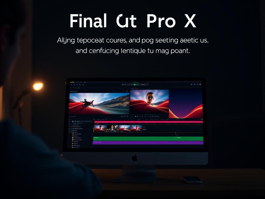 Imagem do Final Cut Pro X destacando sua interface e recursos exclusivos para Mac. Imagem do Final Cut Pro X destacando sua interface e recursos exclusivos para Mac.