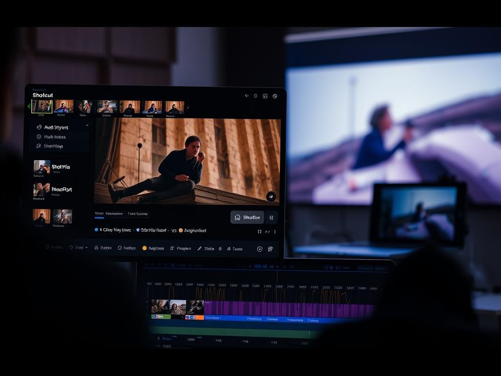 Imagem do Shotcut em funcionamento, mostrando sua interface. Imagem do Shotcut em funcionamento, mostrando sua interface.