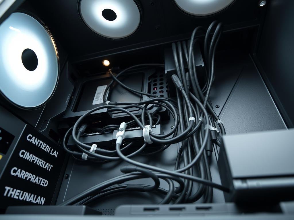 Organized cable management system for a gaming PC setup. Detailed view of a sleek, modern cabinet interior with precisely routed cables, zip ties, and cable trays. Soft, diffused lighting illuminates the clean, minimalist design. Cables are neatly bundled and secured, creating a visually appealing and functional layout. The cabinet has a slate grey color scheme with brushed aluminum accents, conveying a sense of professionalism and efficiency. Captured at a low angle to highlight the intricate cable organization and the cabinet's streamlined aesthetic. Organized cable management system for a gaming PC setup. Detailed view of a sleek, modern cabinet interior with precisely routed cables, zip ties, and cable trays. Soft, diffused lighting illuminates the clean, minimalist design. Cables are neatly bundled and secured, creating a visually appealing and functional layout. The cabinet has a slate grey color scheme with brushed aluminum accents, conveying a sense of professionalism and efficiency. Captured at a low angle to highlight the intricate cable organization and the cabinet's streamlined aesthetic.