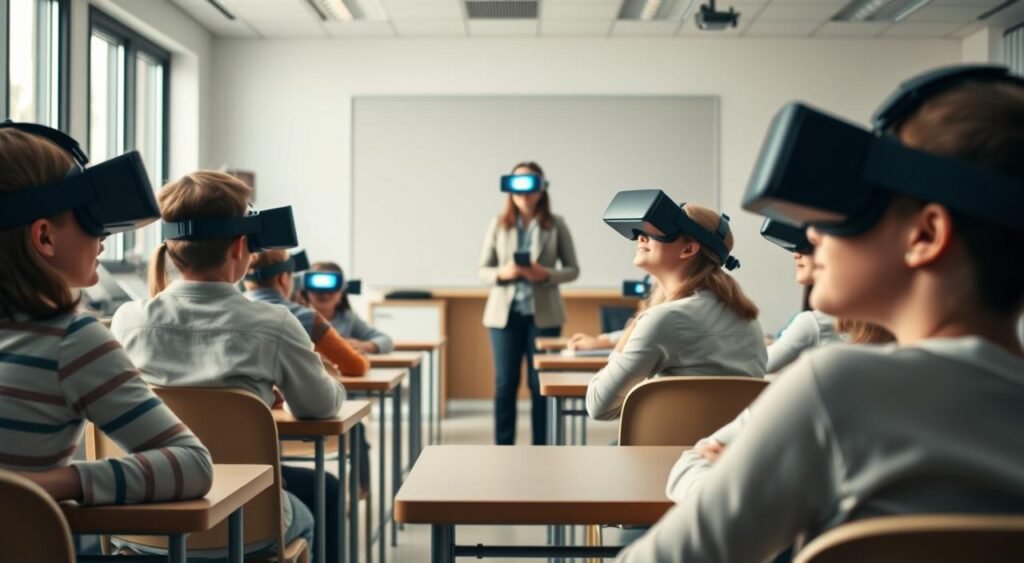 A classroom scene with a group of students wearing virtual reality headsets, immersed in an interactive educational experience. The foreground features the students seated at desks, their faces lit by the glow of the VR displays. In the middle ground, the teacher stands, guiding the class and monitoring their progress. The background depicts a modern, well-equipped classroom with large windows, allowing natural light to filter in and create a warm, inviting atmosphere. The scene conveys a sense of exploration, discovery, and the seamless integration of virtual reality technology into the educational setting. A classroom scene with a group of students wearing virtual reality headsets, immersed in an interactive educational experience. The foreground features the students seated at desks, their faces lit by the glow of the VR displays. In the middle ground, the teacher stands, guiding the class and monitoring their progress. The background depicts a modern, well-equipped classroom with large windows, allowing natural light to filter in and create a warm, inviting atmosphere. The scene conveys a sense of exploration, discovery, and the seamless integration of virtual reality technology into the educational setting.