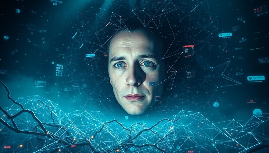 A digital landscape depicting the depths of deep learning and media manipulation. In the foreground, a tangled network of neural pathways pulsates with energy, representing the core algorithms that power deepfake technology. In the middle ground, a face morphs and distorts, blending features from multiple sources to create a seamless, yet unsettling, synthetic persona. The background is a swirling vortex of digital noise, visual glitches, and fragmented data, hinting at the complexity and potential for misuse of these advanced techniques. The scene is bathed in a cool, eerie light, conveying the unsettling nature of this powerful, yet concerning, technological development. Uma paisagem digital representando as profundezas do aprendizado profundo e a manipulação da mídia. Em primeiro plano, uma rede emaranhada de caminhos neurais pulsa com energia, representando os algoritmos centrais que alimentam a tecnologia deepfake. No meio, um rosto se transforma e distorce, misturando características de várias fontes para criar uma persona sintética que é perfeita, mas inquietante. O fundo é um vórtice giratório de ruído digital, falhas visuais e dados fragmentados, sugerindo a complexidade e o potencial de uso indevido dessas técnicas avançadas. A cena é banhada em uma luz fria e estranha, transmitindo a natureza inquietante desse desenvolvimento tecnológico poderoso, mas preocupante.