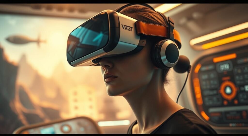 A digital universe unfolding, a realm of endless possibilities. Immerse yourself in a virtual landscape, with sleek VR headsets and motion-tracking controllers guiding your every move. Intricate, photorealistic environments surround you, inviting exploration and interaction. Ambient lighting casts a soft, enveloping glow, creating a sense of depth and realism. In the foreground, a user with a concentrated expression, fully engaged in the virtual experience. In the background, a futuristic control panel, conveying the advanced technology powering this immersive world. Capture the essence of virtual reality, a seamless blend of digital and physical, where the boundaries between the real and the imagined blur. Tudo sobre Realidade Virtual