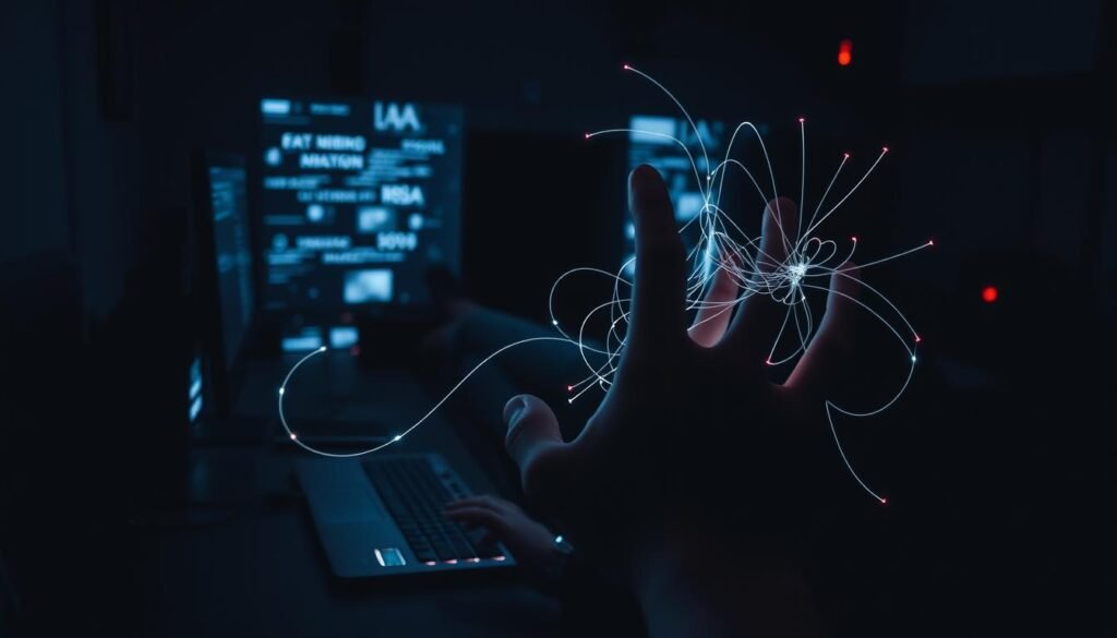 A dimly lit room, the glow of a computer screen casting an eerie light on a shadowy figure hunched over a keyboard. Swirling data streams and distorted media elements dance across the screen, hinting at the manipulation and deception of online information. In the foreground, a hand reaches out, fingers entwined with digital tendrils, blurring the line between reality and fabrication. The overall scene conveys a sense of unease and the unsettling power of media manipulation, perfectly capturing the essence of "deepfake technology: Impact on Society and the Internet." Um cômodo pouco iluminado, o brilho de uma tela de computador lançando uma luz sinistra sobre uma figura sombria curvada sobre um teclado. Fluxos de dados em espiral e elementos midiáticos distorcidos dançam pela tela, insinuando a manipulação e a enganação das informações online. Em primeiro plano, uma mão se estende, os dedos entrelaçados com tentáculos digitais, borrando a linha entre realidade e fabricação. A cena geral transmite uma sensação de desconforto e o poder inquietante da manipulação da mídia, capturando perfeitamente a essência da "tecnologia deepfake: Impacto na Sociedade e na Internet."
