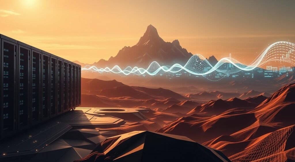 A dynamic, data-driven evolution unfolds across a futuristic landscape. In the foreground, a sleek array of servers and data centers hum with activity, their geometric forms casting intriguing shadows. As the scene progresses, holographic visualizations dance across the middle ground, revealing the ebb and flow of information. In the distant background, a towering Data Mountain rises, its jagged peaks a testament to the exponential growth of data over time. Soft, warm lighting bathes the entire scene, creating a sense of wonder and innovation. The composition emphasizes the interconnected, ever-changing nature of data processing, inviting the viewer to contemplate the technological advancements that have shaped the world of Big Data. Tudo sobre Big Data