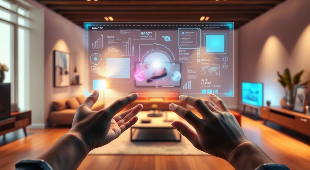 A dynamic, three-dimensional augmented reality scene depicting a digitally enhanced environment. In the foreground, a futuristic holographic interface hovers above a user's hands, showcasing interactive virtual elements. The middle ground features a modern, minimalist living space, with tactile furniture and ambient lighting. In the background, the walls shimmer with a subtle digital overlay, blending the physical and virtual realms. Bright, vivid colors and clean, crisp lines convey a sense of technological sophistication and immersion. Soft, diffused lighting casts a warm, inviting glow throughout the scene, creating a harmonious and captivating atmosphere. Tudo sobre Realidade Aumentada