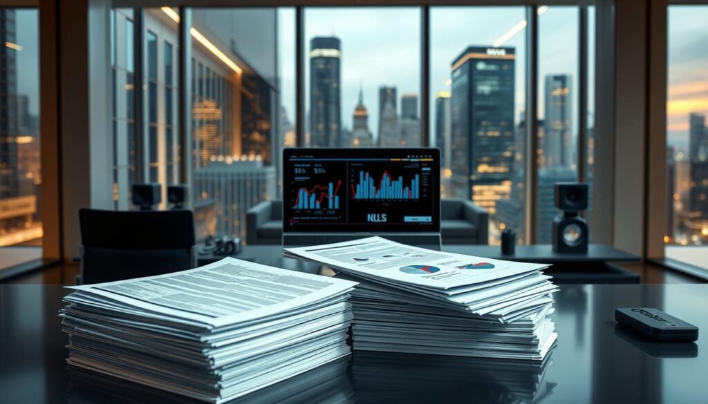 A high-quality, premium research resource set against a backdrop of sleek technology and innovation. In the foreground, a stack of professional-looking documents, reports, and data visualizations convey the serious academic nature of the content. The middle ground features a futuristic, minimalist desktop setup with a state-of-the-art laptop, cutting-edge peripherals, and a clean, modern aesthetic. The background showcases a sophisticated, well-appointed office environment with floor-to-ceiling windows overlooking a dynamic cityscape. Soft, directional lighting creates depth and highlights the premium, luxurious feel of the scene. Overall, the image should evoke a sense of prestige, authority, and the highest caliber of research tools and materials. Um recurso de pesquisa premium de alta qualidade, com um cenário de tecnologia e inovação elegantes. Em primeiro plano, uma pilha de documentos, relatórios e visualizações de dados com aparência profissional transmite a seriedade acadêmica do conteúdo. O plano intermediário apresenta uma configuração de desktop futurista e minimalista com um laptop de última geração, periféricos de última geração e uma estética limpa e moderna. O plano de fundo apresenta um ambiente de escritório sofisticado e bem equipado, com janelas do chão ao teto com vista para uma paisagem urbana dinâmica. A iluminação suave e direcional cria profundidade e realça a sensação premium e luxuosa da cena. No geral, a imagem deve evocar uma sensação de prestígio, autoridade e o mais alto nível de ferramentas e materiais de pesquisa.