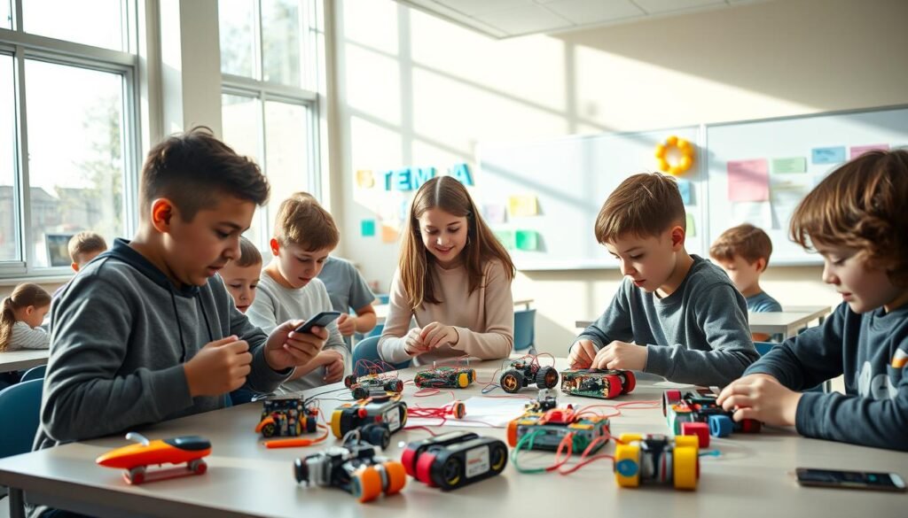 A modern classroom with bright, natural lighting streaming through large windows. In the foreground, a group of students engaged in hands-on activities with various robotic kits and electronic components, their faces lit with excitement as they collaborate and tinker. In the middle ground, a teacher moves among the students, offering guidance and encouragement. The classroom walls are adorned with colorful posters and displays showcasing the integration of technology within the curriculum, highlighting the school's commitment to STEM education. The background features a sleek, technologically-advanced whiteboard or interactive display, suggesting a harmonious blend of traditional and digital teaching methods. The overall atmosphere is one of innovation, exploration, and a deep understanding of how technology can enhance and enrich the educational experience. Uma sala de aula moderna com luz natural brilhante entrando por grandes janelas. Em primeiro plano, um grupo de estudantes envolvidos em atividades práticas com vários kits robóticos e componentes eletrônicos, seus rostos iluminados de empolgação enquanto colaboram e experimentam. No plano médio, um professor se move entre os alunos, oferecendo orientação e encorajamento. As paredes da sala de aula estão adornadas com pôsteres coloridos e exibições que mostram a integração da tecnologia no currículo, destacando o compromisso da escola com a educação em STEM. Ao fundo, há um quadro branco elegante e tecnologicamente avançado ou uma tela interativa, sugerindo uma mistura harmoniosa de métodos de ensino tradicionais e digitais. A atmosfera geral é de inovação, exploração e uma profunda compreensão de como a tecnologia pode aprimorar e enriquecer a experiência educacional.