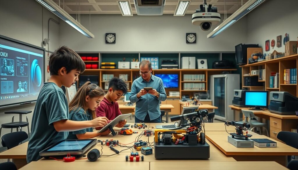 A modern, well-equipped classroom with state-of-the-art technology. In the foreground, a group of students collaborating on a robotics project, using tablets and programming interfaces. In the middle ground, the teacher guiding and facilitating the learning process, surrounded by interactive whiteboards and digital displays. The background showcases a panoramic view of the classroom, with various technological tools and resources, such as 3D printers, coding stations, and virtual reality headsets, creating an immersive and dynamic learning environment. The scene is bathed in a warm, inviting light, conveying a sense of excitement and innovation in the classroom. Robótica na Educação
