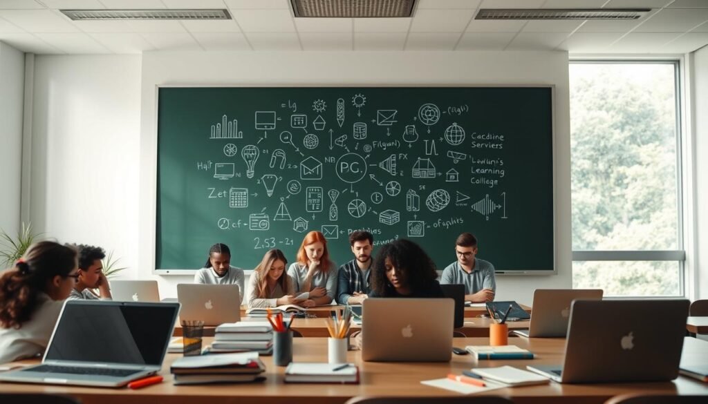 A serene, well-lit classroom setting, with a large, modern chalkboard taking center stage. On the board, a cluster of elegant hand-drawn icons representing various machine learning algorithms and techniques, such as neural networks, decision trees, and regression models. In the foreground, several open laptops and notebooks, surrounded by an assortment of stationery, suggesting an active learning environment. The middle ground features a group of diverse students, intently focused on their studies, their faces illuminated by the soft, natural lighting filtering in through large windows. The background subtly hints at a lush, verdant landscape, creating a sense of tranquility and inspiration. The overall atmosphere conveys a welcoming, intellectually stimulating space for exploring the fundamentals of machine learning. A serene, well-lit classroom setting, with a large, modern chalkboard taking center stage. On the board, a cluster of elegant hand-drawn icons representing various machine learning algorithms and techniques, such as neural networks, decision trees, and regression models. In the foreground, several open laptops and notebooks, surrounded by an assortment of stationery, suggesting an active learning environment. The middle ground features a group of diverse students, intently focused on their studies, their faces illuminated by the soft, natural lighting filtering in through large windows. The background subtly hints at a lush, verdant landscape, creating a sense of tranquility and inspiration. The overall atmosphere conveys a welcoming, intellectually stimulating space for exploring the fundamentals of machine learning.
