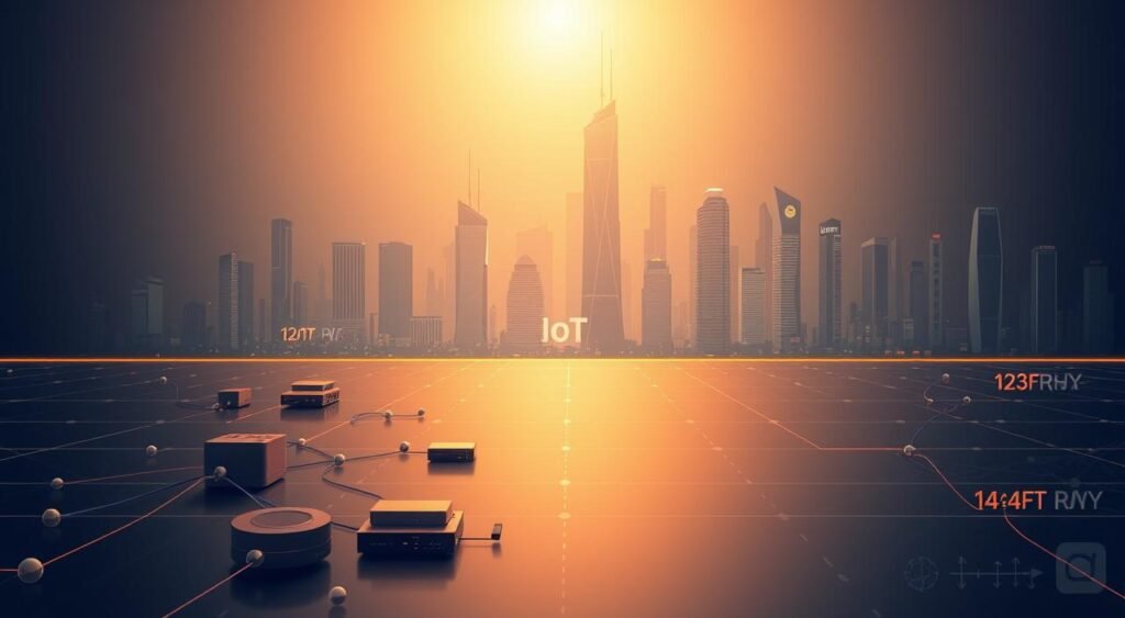 A sleek, minimalist illustration depicting the evolution of the Internet of Things (IoT) over time. In the foreground, a series of interconnected devices and sensors representing the growing network of smart objects. The middle ground features a stylized timeline, tracing the development of IoT from its early beginnings to its current state of widespread adoption. In the background, a futuristic cityscape with towering skyscrapers and bustling activity, symbolizing the integration of IoT into the modern urban landscape. The scene is bathed in a warm, glowing light, conveying a sense of progress and technological advancement. The overall composition is clean, modern, and visually striking, capturing the dynamic nature of the IoT revolution. Tudo sobre Internet das Coisas