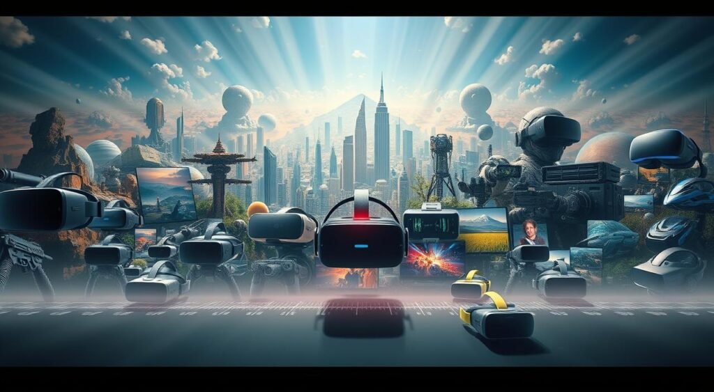 A vast expanse of virtual landscapes, spanning from the early days of pixelated headsets to the cutting-edge holographic displays of the present. In the foreground, a timeline of virtual reality evolution unfolds, showcasing the progression from bulky, tethered devices to sleek, wireless systems. The middle ground features a collage of iconic VR hardware, from the pioneering Oculus Rift to the latest generation of immersive controllers. The background is a dreamlike amalgamation of virtual worlds, blending sci-fi cityscapes, lush natural environments, and abstract digital realms. Rays of light filter through the scene, casting a futuristic glow and enhancing the sense of technological wonder. The overall atmosphere evokes a sense of progress, innovation, and the boundless potential of virtual reality. A vast expanse of virtual landscapes, spanning from the early days of pixelated headsets to the cutting-edge holographic displays of the present. In the foreground, a timeline of virtual reality evolution unfolds, showcasing the progression from bulky, tethered devices to sleek, wireless systems. The middle ground features a collage of iconic VR hardware, from the pioneering Oculus Rift to the latest generation of immersive controllers. The background is a dreamlike amalgamation of virtual worlds, blending sci-fi cityscapes, lush natural environments, and abstract digital realms. Rays of light filter through the scene, casting a futuristic glow and enhancing the sense of technological wonder. The overall atmosphere evokes a sense of progress, innovation, and the boundless potential of virtual reality.