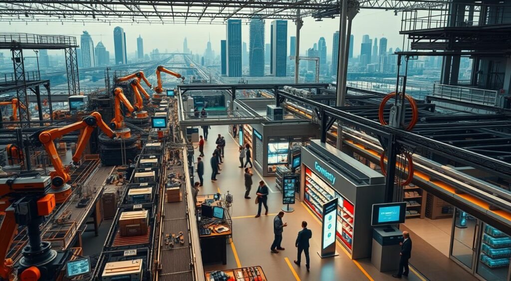 A vast factory floor bustling with robotic arms, conveyor belts, and workers monitoring digital screens. In the foreground, an array of smart sensors and IoT devices track production data, optimizing efficiency. The middle ground features a sleek retail storefront, showcasing connected displays, inventory management systems, and interactive kiosks. The background reveals a cityscape, with skyscrapers and infrastructure layered with IoT-enabled technologies, creating a seamless, integrated ecosystem. Warm lighting casts a subtle glow, emphasizing the harmony between industry, commerce, and the IoT revolution. Um vasto chão de fábrica movimentado com braços robóticos, correias transportadoras e trabalhadores monitorando telas digitais. Em primeiro plano, uma série de sensores inteligentes e dispositivos de IoT rastreiam dados de produção, otimizando a eficiência. O centro apresenta uma elegante vitrine de varejo, exibindo displays conectados, sistemas de gestão de estoque e quiosques interativos. O fundo revela uma paisagem urbana, com arranha-céus e infraestrutura em camadas com tecnologias habilitadas para IoT, criando um ecossistema integrado e harmonioso. A iluminação suave projeta um brilho sutil, enfatizando a harmonia entre a indústria, o comércio e a revolução da IoT.