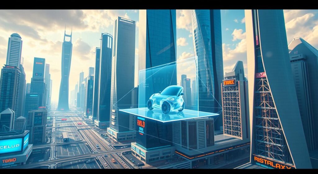 A vast, futuristic cityscape with towering skyscrapers and sleek, angular architecture. In the foreground, a holographic display hovers, showcasing a 3D model of a new product. Augmented reality overlays digital information and interactive elements across the urban landscape, blending the physical and virtual realms seamlessly. Vibrant colors, clean lines, and a sense of technological prowess permeate the scene, creating an immersive and captivating vision of the future of augmented reality. Uma vasta paisagem urbana futurista com arranha-céus imponentes e arquitetura elegante e angular. Em primeiro plano, um display holográfico paira, exibindo um modelo 3D de um novo produto. A realidade aumentada sobrepõe informações digitais e elementos interativos à paisagem urbana, integrando perfeitamente os mundos físico e virtual. Cores vibrantes, linhas limpas e uma sensação de proeza tecnológica permeiam a cena, criando uma visão imersiva e cativante do futuro da realidade aumentada.