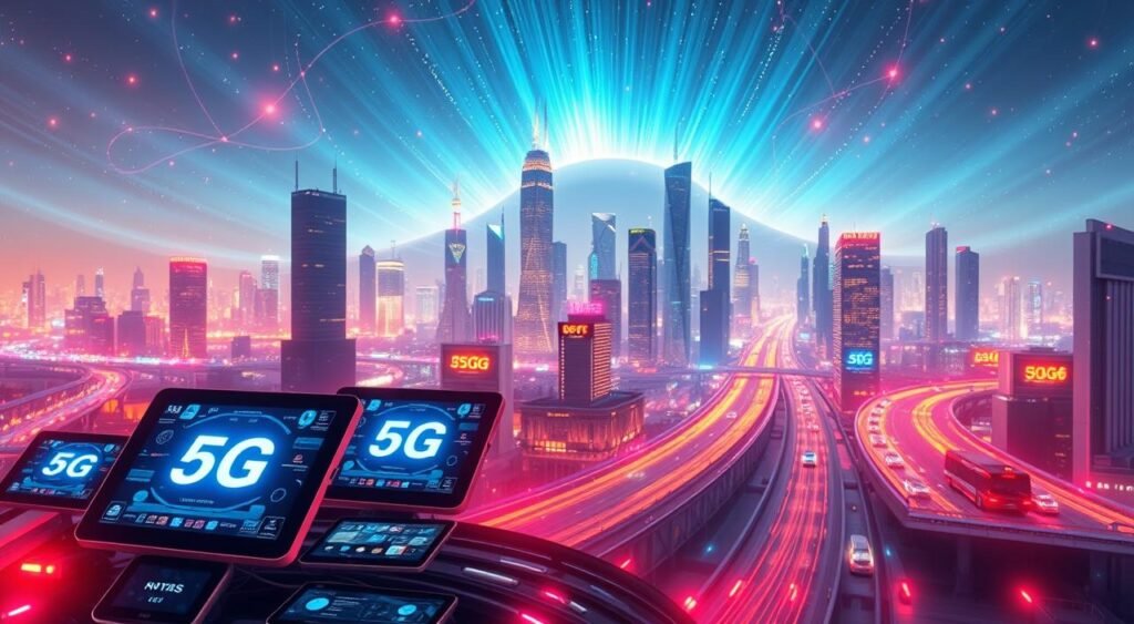 A vibrant 5G network connection, with glowing data streams and digital pulses emanating from sleek, modern devices. The foreground features a cluster of smart devices, their screens illuminated with vivid 5G icons and visualizations. The middle ground showcases a futuristic cityscape, with towering skyscrapers and futuristic transportation, all connected by a web of 5G signals. In the background, a luminous, digital aurora-like glow fills the sky, representing the vast, interconnected nature of the 5G ecosystem. The overall atmosphere is one of technological advancement, seamless connectivity, and the transformative potential of 5G in everyday life. A vibrant 5G network connection, with glowing data streams and digital pulses emanating from sleek, modern devices. The foreground features a cluster of smart devices, their screens illuminated with vivid 5G icons and visualizations. The middle ground showcases a futuristic cityscape, with towering skyscrapers and futuristic transportation, all connected by a web of 5G signals. In the background, a luminous, digital aurora-like glow fills the sky, representing the vast, interconnected nature of the 5G ecosystem. The overall atmosphere is one of technological advancement, seamless connectivity, and the transformative potential of 5G in everyday life.