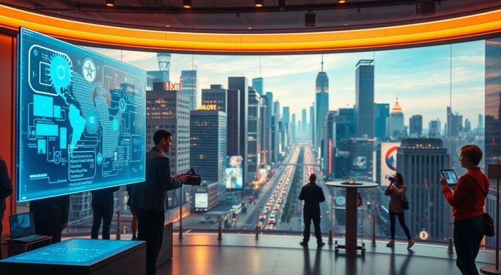 A vibrant and captivating scene showcasing the evolution of augmented reality technology. In the foreground, a futuristic holographic display effortlessly projects digital information, seamlessly integrated with the physical environment. The middle ground features a diverse array of AR-powered devices, from sleek headsets to handheld tablets, each showcasing the remarkable advancements in user interaction and visualization. The background depicts a cityscape, where towering skyscrapers and bustling streets are enhanced by virtual elements, blending the real and the digital in a harmonious dance. The lighting is warm and inviting, with soft, directional illumination highlighting the technological marvels at the heart of this transformative field. The overall atmosphere conveys a sense of wonder, innovation, and the profound impact of augmented reality on our evolving world. A vibrant and captivating scene showcasing the evolution of augmented reality technology. In the foreground, a futuristic holographic display effortlessly projects digital information, seamlessly integrated with the physical environment. The middle ground features a diverse array of AR-powered devices, from sleek headsets to handheld tablets, each showcasing the remarkable advancements in user interaction and visualization. The background depicts a cityscape, where towering skyscrapers and bustling streets are enhanced by virtual elements, blending the real and the digital in a harmonious dance. The lighting is warm and inviting, with soft, directional illumination highlighting the technological marvels at the heart of this transformative field. The overall atmosphere conveys a sense of wonder, innovation, and the profound impact of augmented reality on our evolving world.