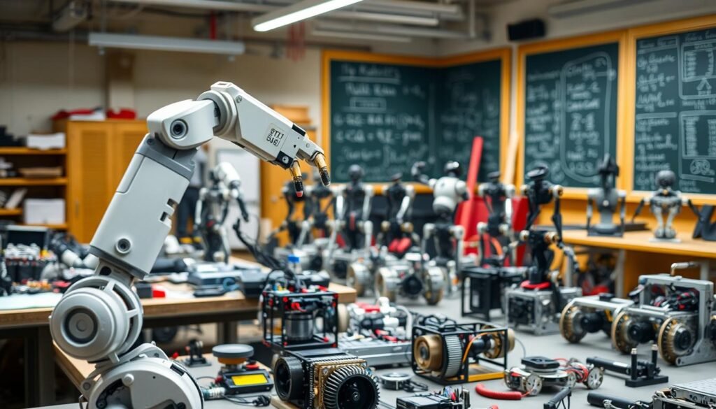 A well-lit workshop filled with the intricate components of robotics engineering. In the foreground, a sleek robot arm with graceful, articulated joints stands ready for assembly. Gears, circuits, and sensors are neatly arranged on a workbench, awaiting careful integration. The middle ground showcases a collection of partially constructed robots, their metal frames and wiring revealing the fundamentals of mechanical, electrical, and software design. In the background, a chalkboard filled with equations and diagrams provides a glimpse into the theoretical underpinnings of this interdisciplinary field. The scene conveys a sense of precise craftsmanship, intellectual curiosity, and the boundless potential of robotics to revolutionize education and beyond. Uma oficina bem iluminada repleta dos componentes intricados da engenharia de robótica. Em primeiro plano, um braço robótico elegante com articulações graciosas e articuladas está pronto para a montagem. Engrenagens, circuitos e sensores estão organizados de forma ordenada em uma bancada de trabalho, aguardando uma integração cuidadosa. No meio, há uma coleção de robôs parcialmente construídos, cujos quadros metálicos e fiação revelam os fundamentos do design mecânico, elétrico e de software. Ao fundo, um quadro negro preenchido com equações e diagramas oferece um vislumbre das bases teóricas deste campo interdisciplinar. A cena transmite uma sensação de habilidade precisa, curiosidade intelectual e o potencial ilimitado da robótica para revolucionar a educação e além.