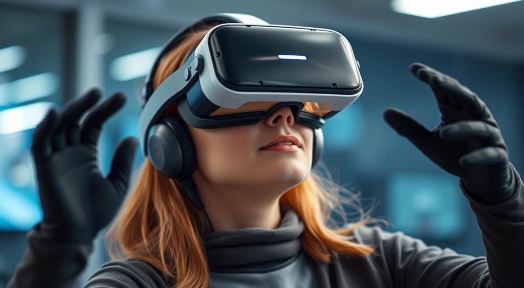 Gere uma imagem de uma pessoa usando um headset de VR com luvas hápticas e sensores de movimento Gere uma imagem de uma pessoa usando um headset de VR com luvas hápticas e sensores de movimento