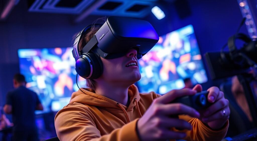 Imagem de um jogador imerso em um jogo de realidade virtual Imagem de um jogador imerso em um jogo de realidade virtual