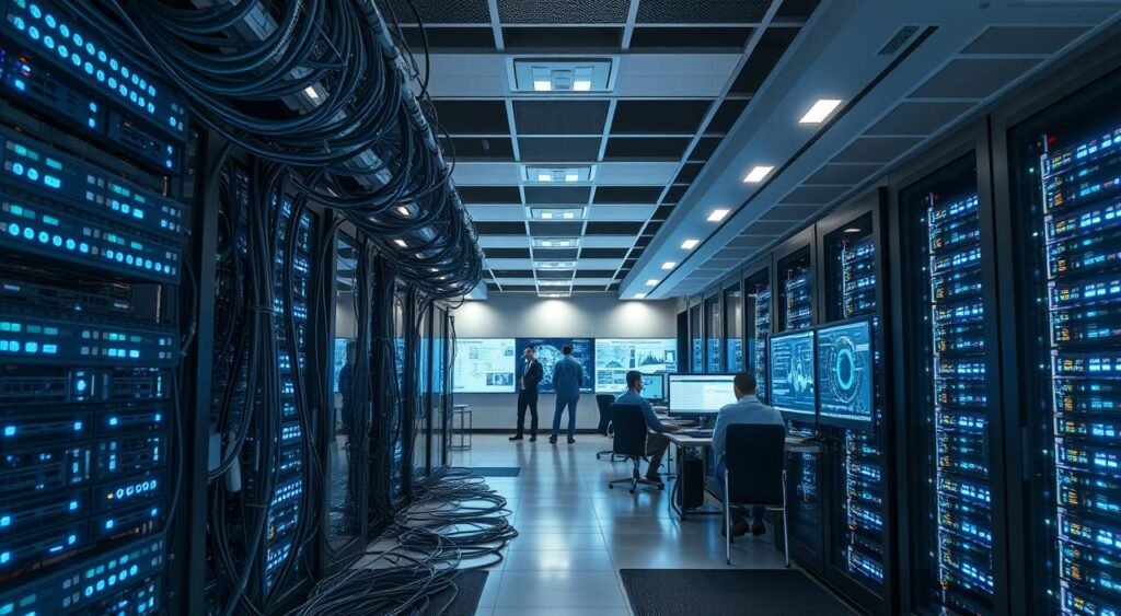 a highly detailed, technologically advanced data processing center, with rows of powerful server racks, glowing blue indicator lights, and a clean, minimalist aesthetic. The foreground features a complex web of cables and fiber optic lines interconnecting the servers, creating a sense of organized chaos. The middle ground showcases a team of data scientists and engineers monitoring large display screens, analyzing intricate data visualizations. The background depicts a panoramic view of the facility, with high ceilings, recessed lighting, and a sleek, futuristic design. The overall mood is one of efficiency, innovation, and the seamless integration of technology in the big data processing ecosystem. Um centro de processamento de dados altamente detalhado e tecnologicamente avançado, com fileiras de racks de servidores potentes, luzes indicadoras azuis brilhantes e uma estética limpa e minimalista. O primeiro plano apresenta uma complexa rede de cabos e linhas de fibra óptica interconectando os servidores, criando uma sensação de caos organizado. O plano do meio exibe uma equipe de cientistas e engenheiros de dados monitorando grandes telas, analisando visualizações de dados complexas. O fundo retrata uma vista panorâmica da instalação, com pé-direito alto, iluminação embutida e um design elegante e futurista. O clima geral é de eficiência, inovação e integração perfeita da tecnologia no ecossistema de processamento de big data.