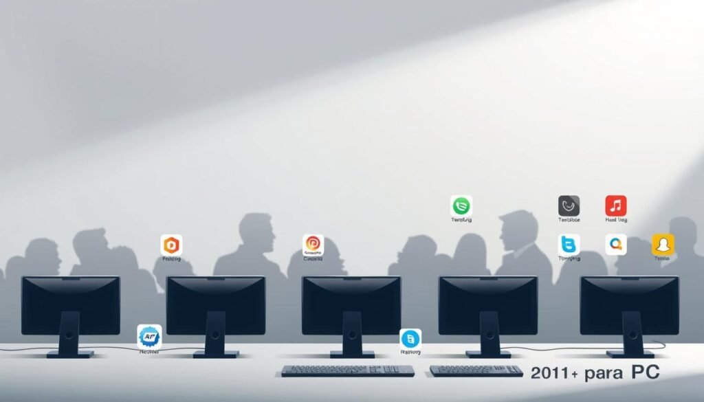 A comparative illustration of popular offline translation apps for PC, showcased against a sleek, minimalist backdrop. In the foreground, various app icons and logos are displayed in a clean, organized grid, allowing for easy comparison. The middle ground features silhouettes of desktop computers, subtly hinting at the offline nature of the tools. The background is a muted, gradient-based palette, creating a sophisticated and distraction-free environment. Soft, directional lighting from the top left enhances the sense of depth and highlights the key elements. The overall composition conveys a sense of professionalism and functionality, perfectly suited to illustrate the "Descubra o melhor tradutor offline para PC" section of the article. Uma ilustração comparativa de aplicativos populares de tradução offline para PC, apresentados em um fundo elegante e minimalista. Em primeiro plano, vários ícones e logotipos de aplicativos são exibidos em uma grade limpa e organizada, permitindo fácil comparação. O plano central apresenta silhuetas de computadores desktop, sugerindo sutilmente a natureza offline das ferramentas. O fundo é uma paleta suave baseada em gradientes, criando um ambiente sofisticado e sem distrações. A iluminação suave e direcional no canto superior esquerdo aumenta a sensação de profundidade e destaca os elementos-chave. A composição geral transmite uma sensação de profissionalismo e funcionalidade, perfeitamente adequada para ilustrar a seção "Descubra o melhor tradutor offline para PC" do artigo.