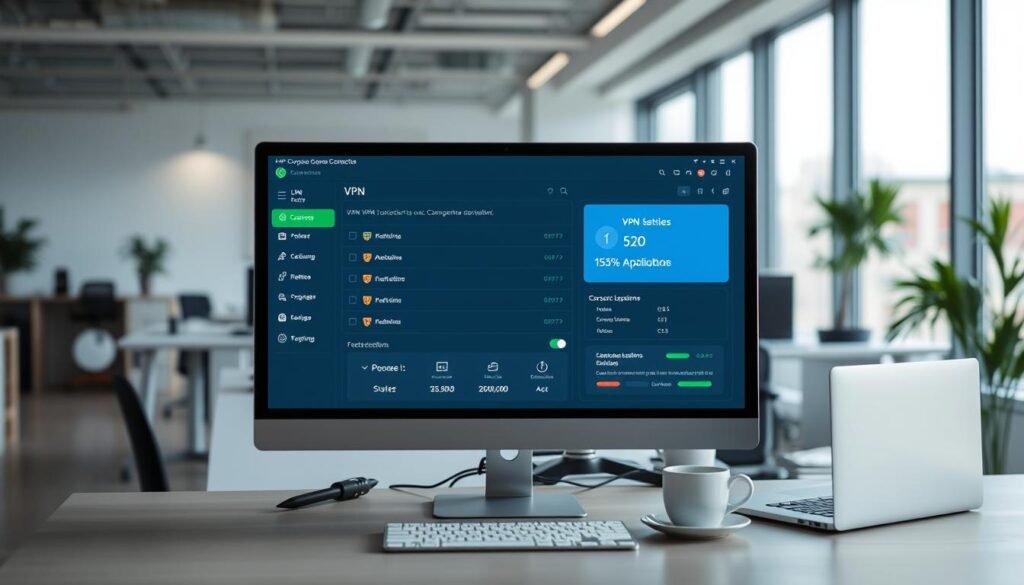 A corporate VPN service with a clean and professional interface. In the foreground, a desktop computer screen displays a VPN connection panel, showing features such as server locations, connection status and security settings. In the center, a desk with a laptop, coffee mug and other work essentials creates a desktop atmosphere. The background features a modern, minimalist office interior with large windows letting in soft, diffused natural light, creating a peaceful and productive environment. The overall scene conveys a sense of reliability, efficiency and attention to detail in a corporate VPN solution.
