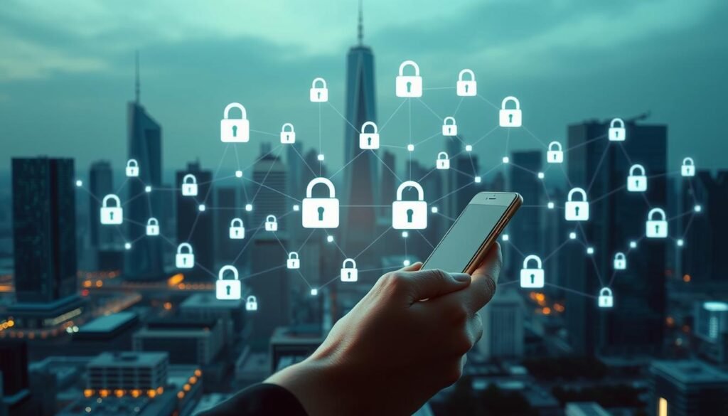 A digital security landscape with a focus on online protection strategies. In the foreground, a person's hand holding a mobile device, representing the use of technology and the need for cybersecurity. In the middle ground, a web of interconnected digital elements, such as lock icons, data streams, and security symbols, conveying the complex nature of online privacy. In the background, a sleek, minimalist cityscape with towering skyscrapers, suggesting the scale and importance of digital safety in the modern world. The lighting is soft and atmospheric, creating a sense of seriousness and professionalism. The overall mood is one of diligence, attention to detail, and a commitment to safeguarding digital well-being. Um cenário de segurança digital com foco em estratégias de proteção online. Em primeiro plano, a mão de uma pessoa segurando um dispositivo móvel, representando o uso da tecnologia e a necessidade de segurança cibernética. No meio, uma teia de elementos digitais interconectados, como ícones de cadeado, fluxos de dados e símbolos de segurança, transmitindo a natureza complexa da privacidade online. Ao fundo, uma paisagem urbana elegante e minimalista com arranha-céus imponentes, sugerindo a escala e a importância da segurança digital no mundo moderno. A iluminação é suave e atmosférica, criando uma sensação de seriedade e profissionalismo. O clima geral é de diligência, atenção aos detalhes e compromisso com a proteção do bem-estar digital.