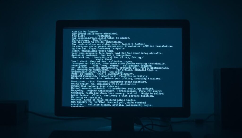 A dimly lit, disconnected computer screen displays a jumbled, glitched translation, the text warping and distorting, conveying a sense of confusion and lack of cohesion. The background is hazy, with faint outlines of technological components, suggesting an offline, isolated environment. Soft, diffused lighting illuminates the scene, creating an atmospheric, introspective mood. The composition focuses on the screen, emphasizing the central theme of offline translation tools, their limitations, and the need for a solution that bridges the gap between language barriers and technological constraints. tradutor offline para PC