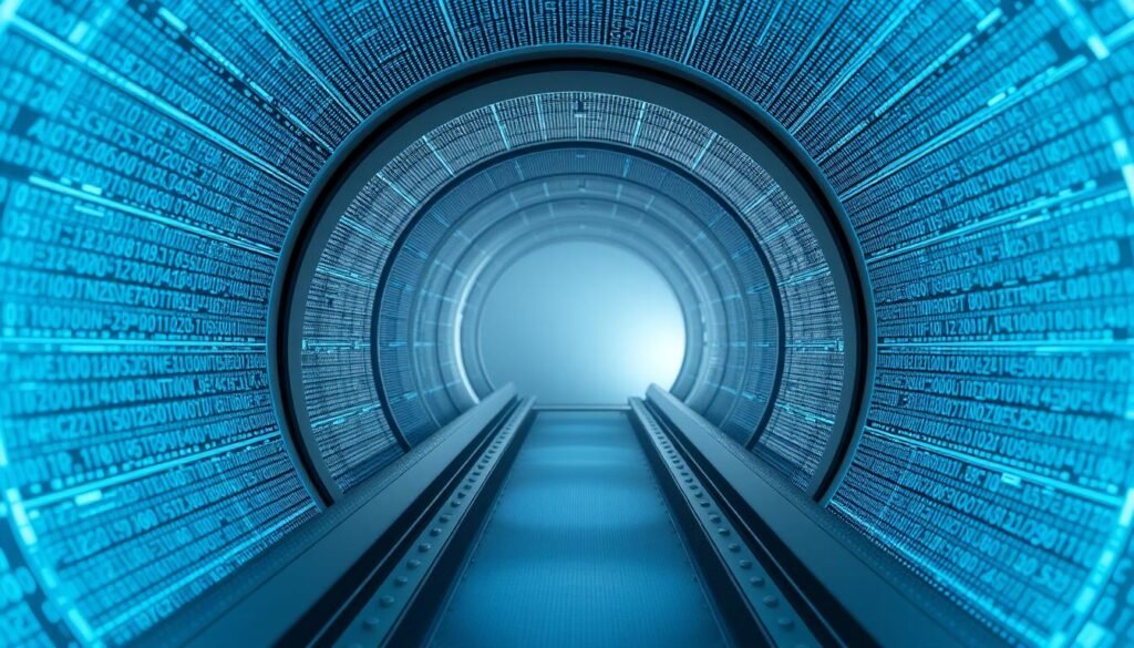 A highly detailed three-dimensional rendering of a secure corporate virtual private network (VPN) tunnel. The tunnel is represented in shades of gray and blue, with intricate patterns and textures that suggest advanced cryptographic algorithms. The exterior of the tunnel has a sleek, metallic appearance, conveying a sense of robustness and reliability. The interior is illuminated by a soft, diffused glow, creating a serene and professional atmosphere. The camera angle is positioned to provide a clear and unobstructed view of the tunnel, allowing the observer to appreciate the technical complexity and sophistication of the corporate VPN system.