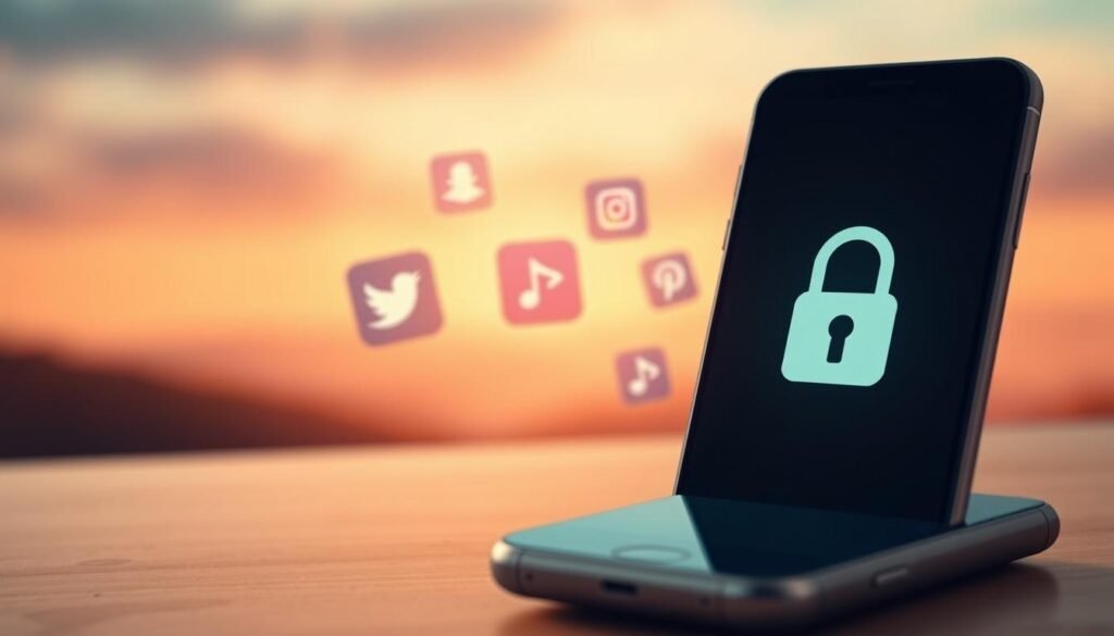 A privacy-focused social media scene with a serene atmosphere. In the foreground, a smartphone with a padlock icon, symbolizing secure data protection. In the middle ground, stylized social media icons float gently, blurred to signify privacy. The background features a soft, blurred landscape with a calming color palette, evoking a sense of digital tranquility. Warm, diffused lighting casts a subtle glow, creating a comforting and secure ambiance. The overall composition conveys the importance of maintaining privacy on social media platforms. Uma cena de mídia social focada em privacidade com uma atmosfera serena. Em primeiro plano, um smartphone com um ícone de cadeado, simbolizando a proteção segura de dados. No meio, ícones estilizados de mídia social flutuam suavemente, desfocados para simbolizar privacidade. O fundo apresenta uma paisagem suave e desfocada com uma paleta de cores calmante, evocando uma sensação de tranquilidade digital. A iluminação quente e difusa projeta um brilho sutil, criando um ambiente confortável e seguro. A composição geral transmite a importância de manter a privacidade nas plataformas de mídia social.