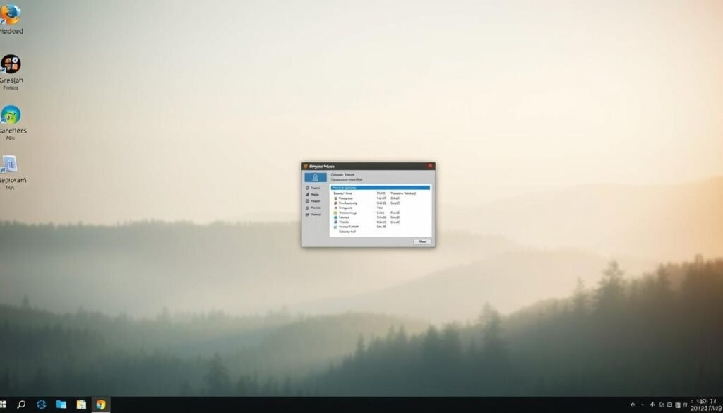 Um ambiente de trabalho sereno e tranquilo, com um espaço de trabalho limpo e organizado. O primeiro plano apresenta uma interface de usuário minimalista, com ícones simples e uma barra de tarefas focada. No meio, uma janela exibe uma ferramenta de diagnóstico, apresentando sua interface de forma clara e intuitiva. O fundo exibe uma paisagem relaxante, talvez uma floresta tranquila ou uma paisagem litorânea relaxante, banhada por uma iluminação natural suave que cria uma sensação de calma e relaxamento. A atmosfera geral transmite uma sensação de produtividade, eficiência e um sistema bem conservado, refletindo o conceito de "reparo do Windows" e "estabilidade do sistema".