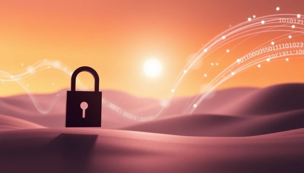 A serene, digital landscape depicting online data protection. In the foreground, a stylized padlock icon symbolizes the security of sensitive information. In the middle ground, abstract binary code and data streams swirl, hinting at the complex network infrastructure that powers modern digital life. The background features a warm, gradient sky with a subtle glow, conveying a sense of safety and reassurance. The lighting is soft and diffused, creating a calming, contemplative atmosphere. The entire scene is rendered in a minimalist, low-poly aesthetic, emphasizing the harmony between technology and user privacy. Segurança na Rede Social