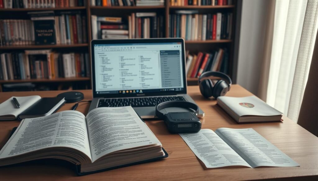 A well-lit, high-angle shot of a desk surface showcasing a diverse array of offline translation tools. In the foreground, an open dictionary, a physical translation phrasebook, and a handheld electronic translator device. In the middle ground, a laptop displaying a translation software interface, alongside a pair of noise-cancelling headphones. In the background, a bookshelf filled with multilingual dictionaries and language-learning materials. The scene conveys a sense of productivity and focus, with a neutral, slightly warm color palette and soft, directional lighting illuminating the tools of the trade. Uma tomada bem iluminada e de ângulo alto de uma mesa exibindo uma variedade de ferramentas de tradução offline. Em primeiro plano, um dicionário aberto, um livro de frases de tradução físico e um dispositivo de tradução eletrônico portátil. No centro, um laptop exibindo uma interface de software de tradução, juntamente com um par de fones de ouvido com cancelamento de ruído. Ao fundo, uma estante repleta de dicionários multilíngues e materiais de aprendizagem de idiomas. A cena transmite uma sensação de produtividade e foco, com uma paleta de cores neutras e levemente quentes e uma iluminação suave e direcional iluminando as ferramentas do ofício.