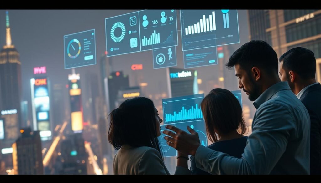 A bustling cityscape in soft, muted tones, with data visualization elements hovering above - glowing infographics, charts, and digital panels showcasing social media analytics. In the foreground, a group of professionals intently examining a large touchscreen display, deep in concentration as they analyze the insights gathered from digital platforms. The scene is bathed in a warm, ambient light, creating a sense of focus and discovery. Subtle hints of a corporate office environment lend an air of professionalism to the image. The overall impression is one of a data-driven, socially aware organization, harnessing the power of digital media to better understand their audience. O Que as Empresas Sabem Sobre Você