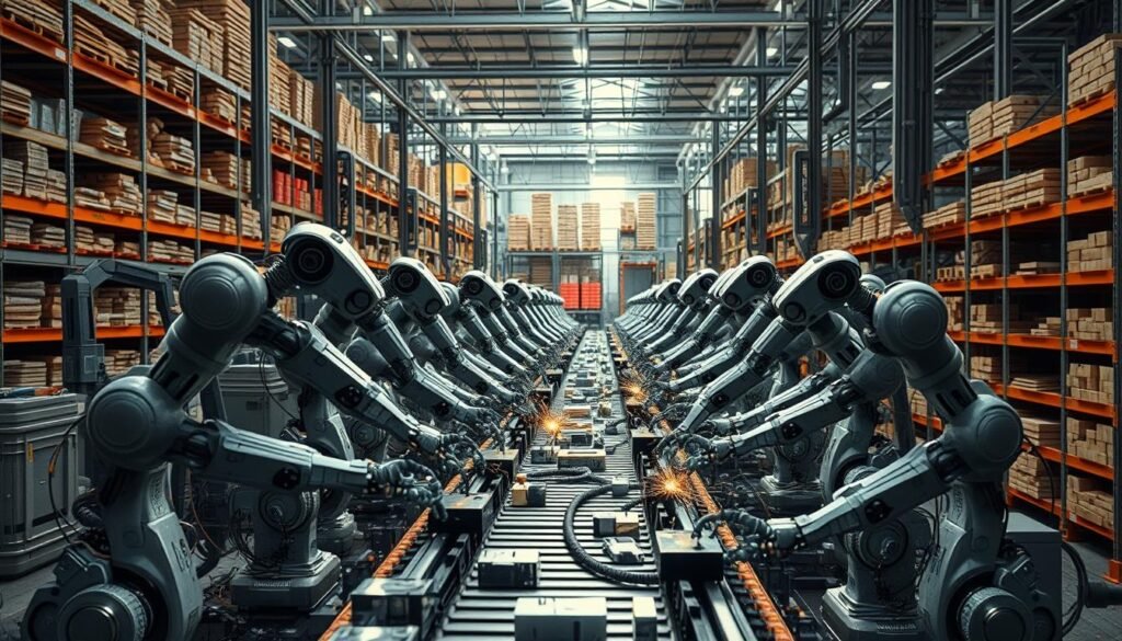 A bustling industrial factory, filled with a fleet of sleek, articulated robotic arms methodically assembling a variety of products on a conveyor belt. The robots move with precision and efficiency, their metallic limbs gracefully coordinating tasks in a harmonious, synchronized dance. Bright, overhead lighting casts a warm glow, illuminating the intricate machinery and the sparks of activity. In the background, towering shelves brimming with materials and finished goods create a sense of scale and depth. The overall atmosphere conveys the power and innovation of modern industrial automation, a testament to the integration of robots in manufacturing. A bustling industrial factory, filled with a fleet of sleek, articulated robotic arms methodically assembling a variety of products on a conveyor belt. The robots move with precision and efficiency, their metallic limbs gracefully coordinating tasks in a harmonious, synchronized dance. Bright, overhead lighting casts a warm glow, illuminating the intricate machinery and the sparks of activity. In the background, towering shelves brimming with materials and finished goods create a sense of scale and depth. The overall atmosphere conveys the power and innovation of modern industrial automation, a testament to the integration of robots in manufacturing.