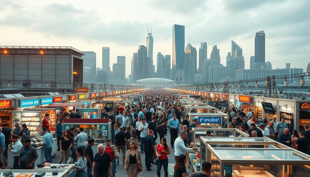 A bustling marketplace, brimming with the promise of technological innovation. In the foreground, a vibrant array of stalls and kiosks, each showcasing the latest gadgets, software solutions, and digital services. The middle ground is alive with an energetic crowd of entrepreneurs, investors, and tech-savvy consumers, engaged in lively discussions and negotiations. In the background, a modern skyline of sleek, glass-and-steel buildings casts a dynamic, futuristic backdrop. Warm, golden lighting illuminates the scene, creating an atmosphere of opportunity and potential. The overall impression is one of a thriving, lucrative niche for technology startups, ripe with possibility and poised for growth. A bustling marketplace, brimming with the promise of technological innovation. In the foreground, a vibrant array of stalls and kiosks, each showcasing the latest gadgets, software solutions, and digital services. The middle ground is alive with an energetic crowd of entrepreneurs, investors, and tech-savvy consumers, engaged in lively discussions and negotiations. In the background, a modern skyline of sleek, glass-and-steel buildings casts a dynamic, futuristic backdrop. Warm, golden lighting illuminates the scene, creating an atmosphere of opportunity and potential. The overall impression is one of a thriving, lucrative niche for technology startups, ripe with possibility and poised for growth.