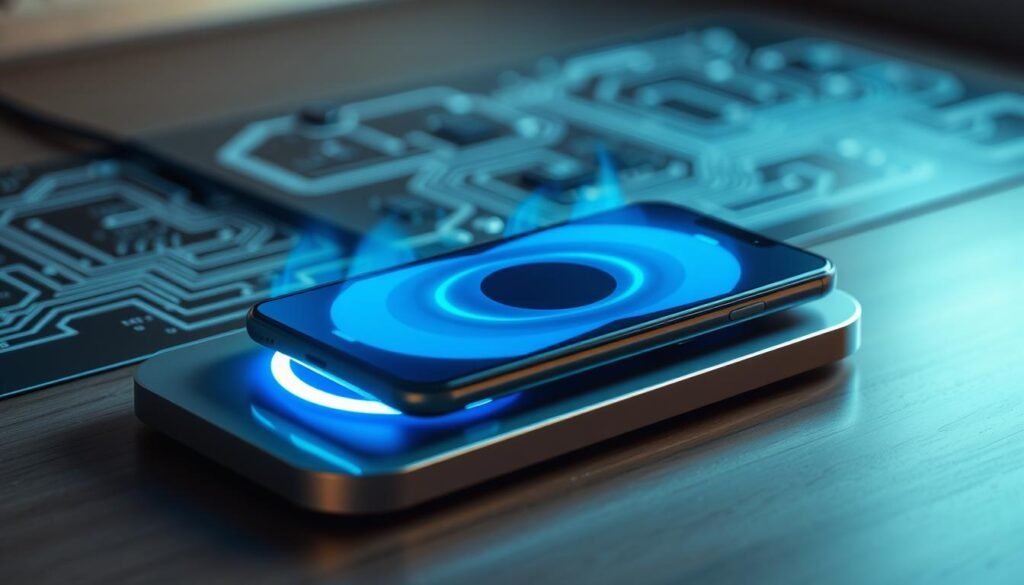 A close-up view of a smartphone charging on a sleek, futuristic wireless charging pad. The device is surrounded by glowing blue energy fields, indicating intelligent charging algorithms that optimize power delivery and battery health. In the background, a complex circuit board with intricate pathways represents the sophisticated power management system. Soft, ambient lighting casts gentle shadows, creating a sense of technological sophistication and care for the device's long-term performance. The overall scene conveys the idea of "Carregamento Inteligente de Smartphones" - a seamless, efficient, and battery-preserving charging experience. Uma visão de perto de um smartphone carregando em um elegante e futurista pad de carregamento sem fio. O dispositivo está cercado por campos de energia azul brilhante, indicando algoritmos de carregamento inteligentes que otimizam a entrega de energia e a saúde da bateria. No fundo, uma complexa placa de circuito com caminhos intrincados representa o sofisticado sistema de gerenciamento de energia. Uma iluminação suave e ambiente projeta sombras delicadas, criando uma sensação de sofisticação tecnológica e cuidado com o desempenho de longo prazo do dispositivo. A cena geral transmite a ideia de 'Carregamento Inteligente de Smartphones' - uma experiência de carregamento integrada, eficiente e que preserva a bateria.