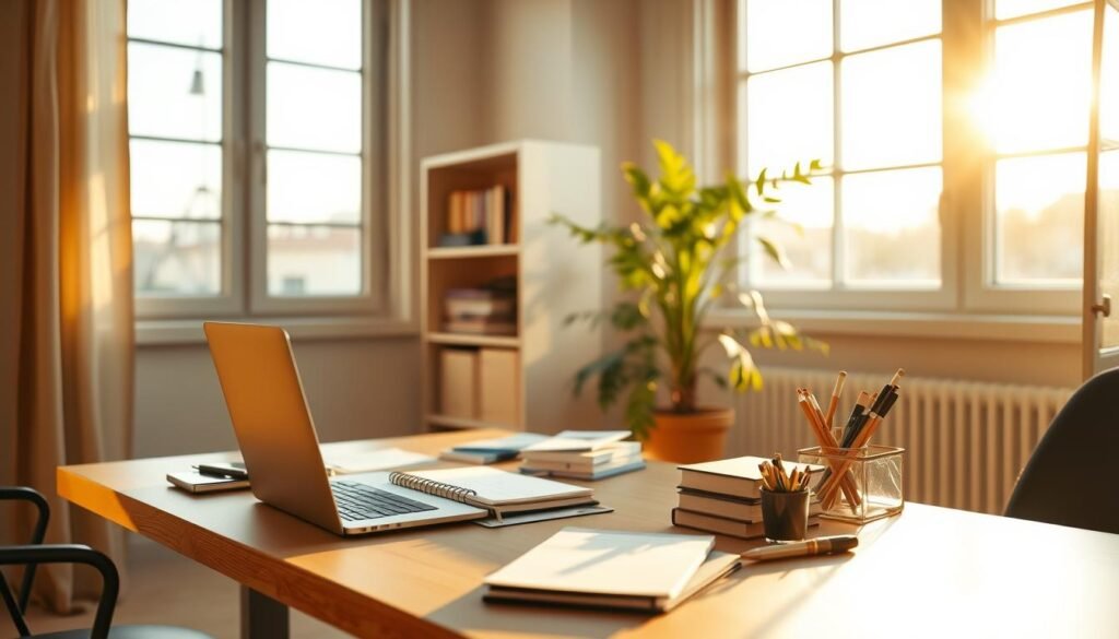 A cozy home office interior, bathed in warm natural light from large windows. On the desk, a laptop, planner, and various productivity tools are neatly arranged, conveying a sense of organized time management. In the background, a minimalist bookshelf and a plant add touches of greenery, creating a serene and focused atmosphere. The lighting is soft and diffused, highlighting the efficiency and diligence of the remote work environment. The overall scene portrays the ideal balance between work and personal well-being in a home office setting.