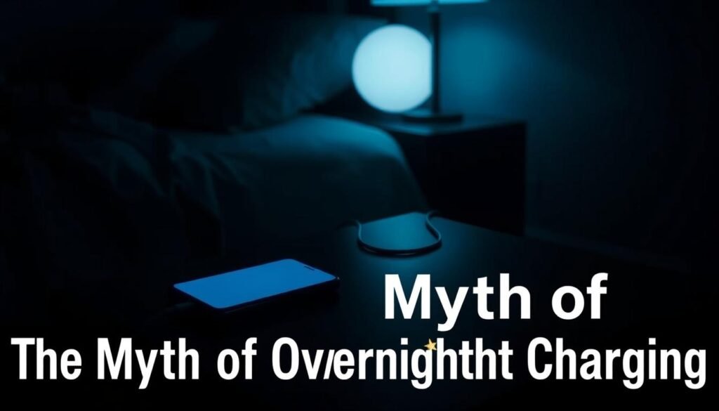 A dark bedroom at night, the only illumination coming from the soft glow of a smartphone charging on a bedside table. The phone's screen is dimmed, casting a warm, ambient light that bathes the scene in a cozy, intimate atmosphere. The charging cable snakes across the surface, its metal connector glinting subtly. The room is clutter-free, with clean lines and muted tones that create a sense of tranquility, as if the phone's battery is the sole focus of attention. The angle is slightly elevated, giving a bird's-eye view that emphasizes the simplicity and stillness of the moment, a representation of the "Myth of Overnight Charging". Smartphones: O Segredo da Bateria Eterna?